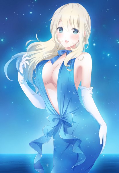 Anime picture 1200x1734 with kantai collection atago heavy cruiser nanashiki fuuka single long hair tall image looking at viewer blush breasts open mouth blue eyes light erotic blonde hair wind hand on hip arched back starry sky print girl dress gloves
