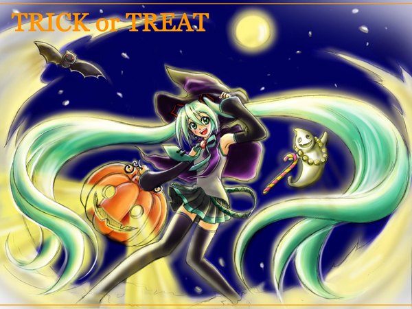 Anime picture 1748x1311 with vocaloid hatsune miku tagme (artist) long hair highres twintails sky very long hair aqua eyes aqua hair night zettai ryouiki night sky halloween ghost trick or treat girl thighhighs skirt hat