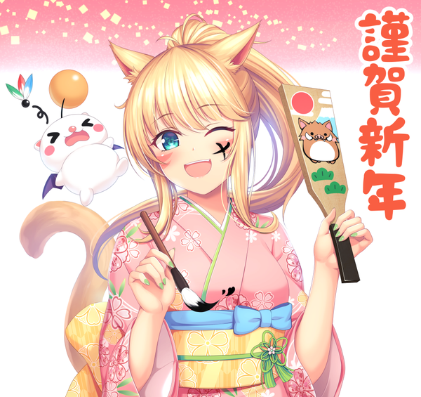 Anime picture 1000x943 with final fantasy final fantasy xiv square enix miqo'te moogle tiphereth single long hair looking at viewer blush fringe open mouth blue eyes simple background blonde hair holding animal ears upper body ponytail tail