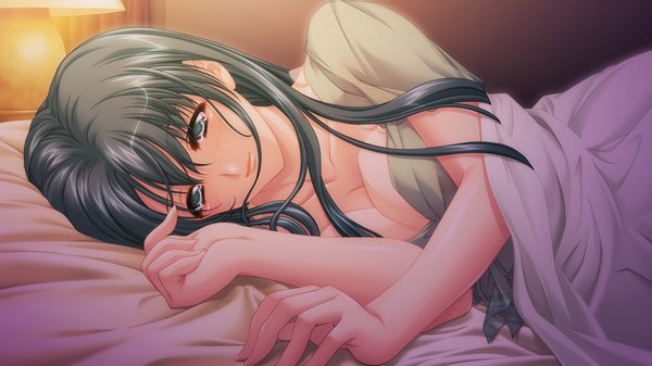Anime picture 1600x900 with eve to iu na no omocha gotou beniko breasts light erotic black hair wide image game cg lying black eyes crying girl