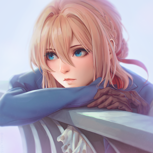 Anime picture 1280x1280 with violet evergarden kyoto animation violet evergarden (character) miura-n315 single long hair fringe blue eyes blonde hair hair between eyes looking away upper body braid (braids) long sleeves lips blurry realistic depth of field portrait girl