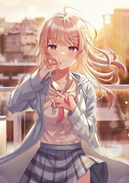 Anime picture 1190x1684 with original ugi (ugi rns) single long hair tall image looking at viewer blush fringe blonde hair standing brown eyes ahoge outdoors blunt bangs long sleeves pleated skirt arm up wind sunlight blurry