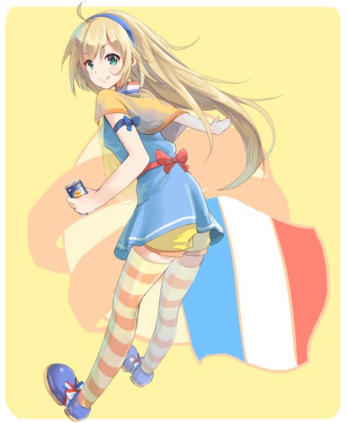 Anime picture 1646x2000 with original kurokin single long hair tall image looking at viewer blush simple background blonde hair smile green eyes ahoge turning head yellow background france girl thighhighs dress ribbon (ribbons) shoes