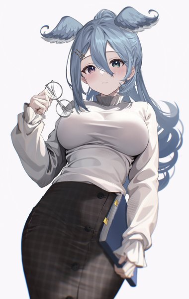Anime picture 1296x2048 with virtual youtuber nijisanji nijisanji en elira pendora elira pendora (3rd costume) soybean (hisoybean) single long hair tall image blush fringe breasts simple background hair between eyes large breasts white background holding blue hair ponytail from below