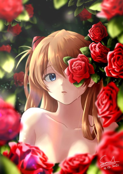 Anime picture 1810x2560 with neon genesis evangelion gainax soryu asuka langley samuel single long hair tall image looking at viewer fringe highres breasts open mouth blue eyes light erotic hair between eyes brown hair bare shoulders signed upper body nude