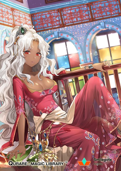Anime picture 700x984 with qurare: magic library ice (ice aptx) single long hair tall image looking at viewer breasts light erotic red eyes sitting holding white hair indoors traditional clothes arm support wavy hair girl bracelet jewelry transparent clothing