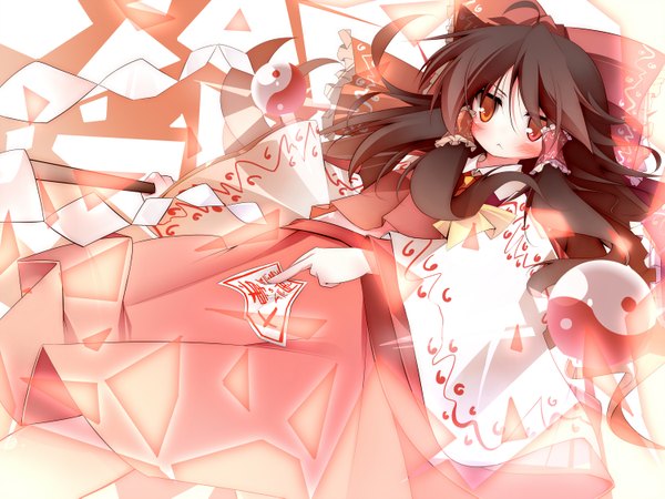 Anime picture 1500x1125 with touhou hakurei reimu daidai ookami single long hair blush red eyes brown hair traditional clothes hieroglyph miko girl dress bow hair bow ofuda