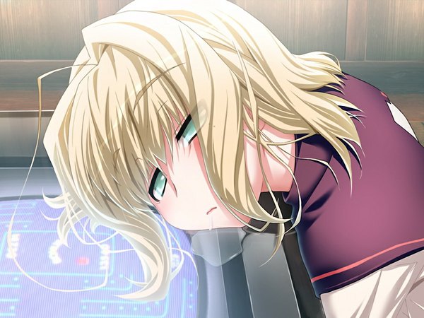 Anime picture 1024x768 with gengetsu no pandora amaizumi uni short hair blonde hair green eyes game cg girl