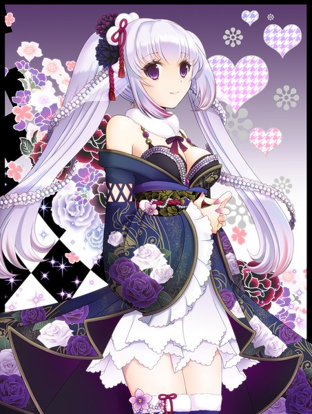 Anime picture 800x1058 with hayabusa koi single long hair tall image twintails purple eyes bare shoulders white hair girl dress hair ornament flower (flowers) detached sleeves petals heart