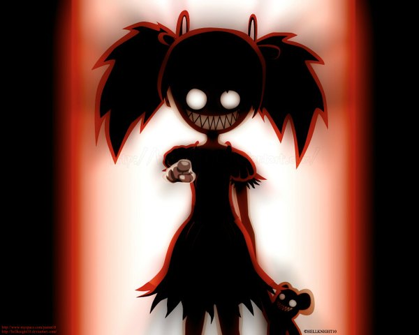 Anime picture 1280x1024 with original hellknight10 single long hair looking at viewer smile twintails signed inscription teeth sharp teeth pointing crazy smile o o girl dress gloves ribbon (ribbons) bow hair bow