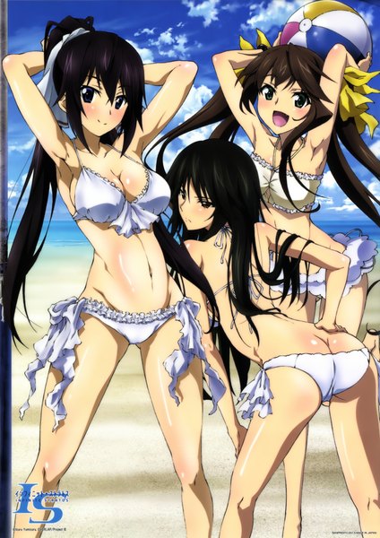 Anime picture 2970x4200 with infinite stratos 8bit shinonono houki fang linyin orimura chifuyu long hair tall image blush highres breasts open mouth blue eyes light erotic black hair smile twintails multiple girls brown eyes green eyes sky