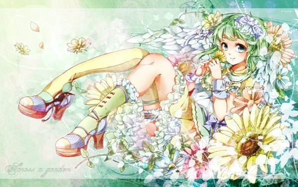 Anime picture 1000x629 with vocaloid gumi nou single looking at viewer blue eyes smile hair flower green hair inscription angel wings girl thighhighs hair ornament flower (flowers) petals socks single thighhigh garter (garters) sandals