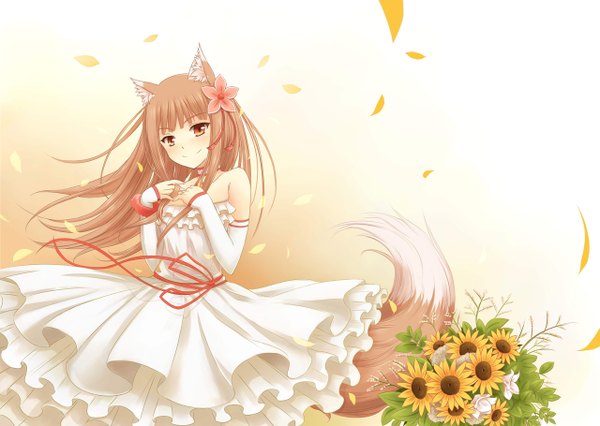 Anime picture 1280x910 with spice and wolf horo nncat single long hair smile red eyes brown hair animal ears animal tail girl dress flower (flowers) detached sleeves petals