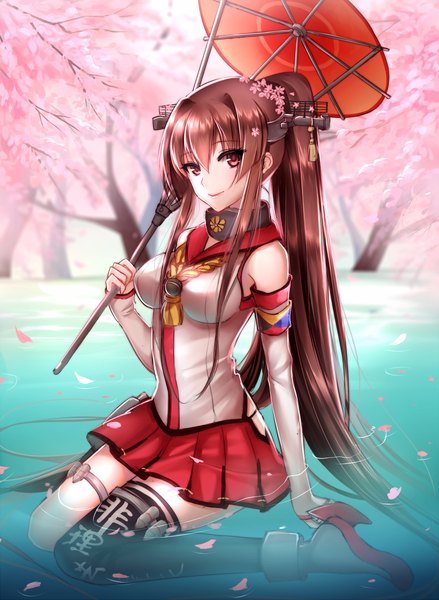 Anime picture 800x1094 with kantai collection yamato super battleship mallizmora single tall image looking at viewer fringe breasts smile hair between eyes red eyes brown hair sitting bare shoulders payot full body bent knee (knees) outdoors ponytail very long hair