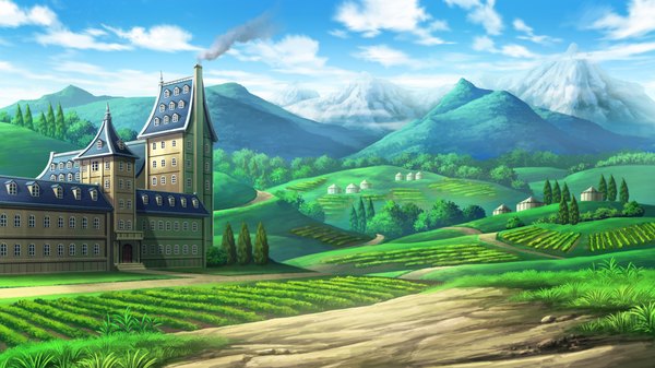 Anime picture 1280x720 with madou koukaku eushully wide image game cg sky cloud (clouds) smoke mountain no people field plant (plants) tree (trees) house