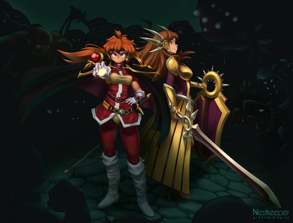 Anime picture 1024x780 with slayers league of legends j.c. staff leona (league of legends) lina inverse nestkeeper long hair looking at viewer smile red eyes brown hair multiple girls brown eyes profile orange hair girl gloves weapon 2 girls earrings