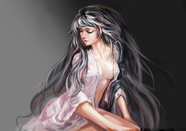 Anime picture 1476x1044 with original yoshifumi (4423) long hair breasts light erotic black hair simple background sitting eyes closed multicolored hair grey hair two-tone hair girl