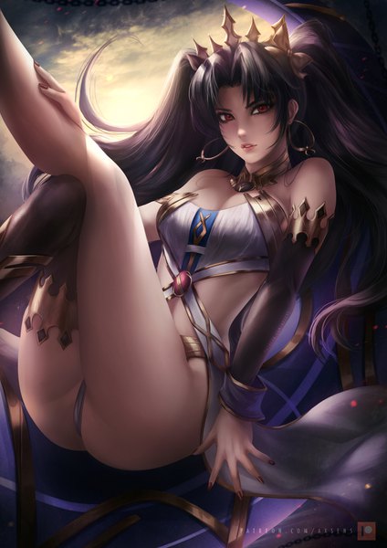 Anime picture 2472x3500 with fate (series) fate/grand order ishtar (fate) axsen single long hair tall image looking at viewer blush fringe highres breasts light erotic black hair red eyes sitting bare shoulders sky cleavage cloud (clouds)