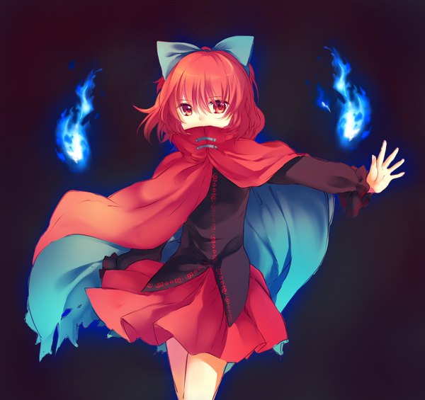 Anime picture 2319x2184 with touhou sekibanki kirame kirai (artist) single looking at viewer highres short hair red eyes red hair girl dress bow hair bow flame