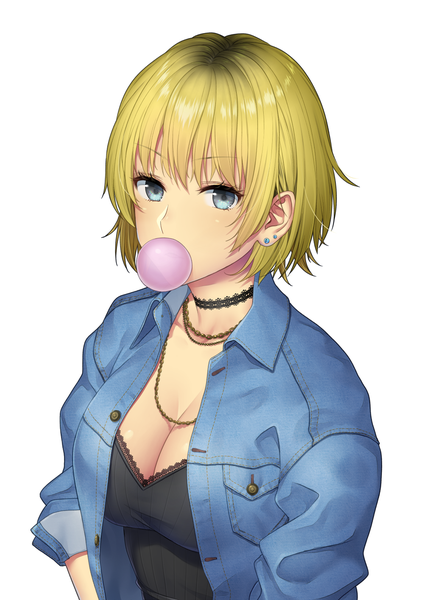 Anime picture 1000x1414 with original daidai jamu single tall image looking at viewer blush fringe short hair breasts light erotic simple background blonde hair hair between eyes large breasts standing white background cleavage upper body long sleeves from above