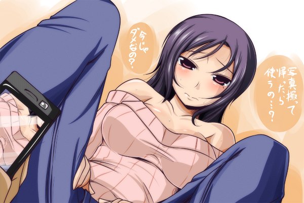 Anime picture 1200x800 with original nishi kotaro (artist) single long hair looking at viewer blush breasts light erotic simple background purple hair pink eyes inscription mole sweat mole under eye girl phone