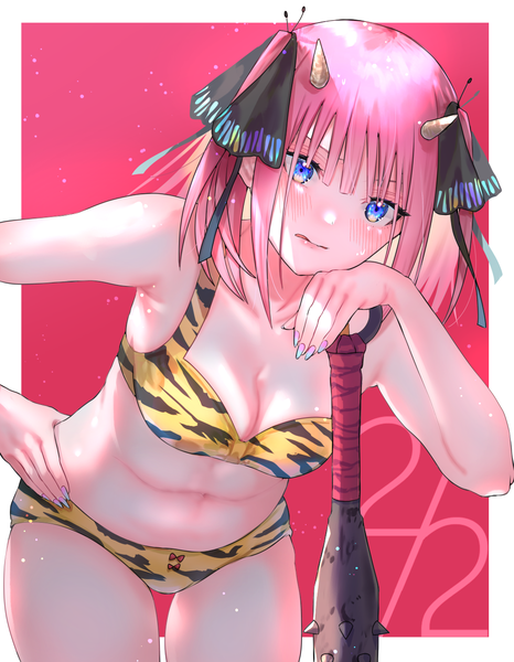 Anime picture 1000x1287 with go-toubun no hanayome nakano nino aibon single tall image blush short hair breasts blue eyes light erotic pink hair nail polish horn (horns) fingernails two side up hand on hip border dated pink background long fingernails