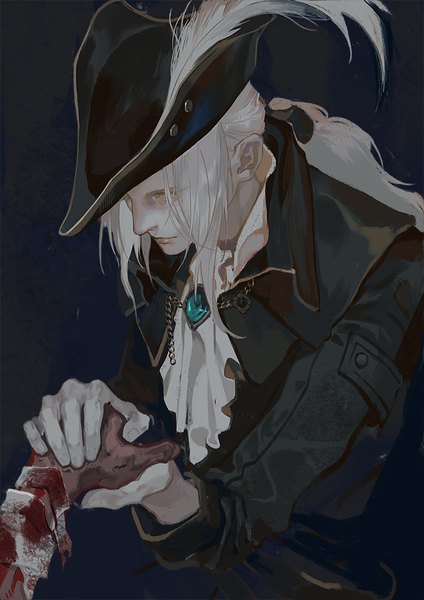 Anime-Bild 700x990 mit bloodborne from software lady maria of the astral clocktower agong tall image short hair simple background payot upper body white hair long sleeves solo focus low ponytail girl gloves hat white gloves ascot brooch hand