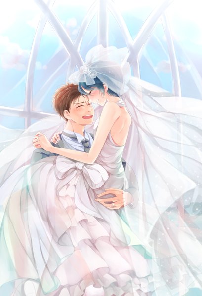 Anime picture 750x1100 with gekkan shoujo nozaki-kun doga kobo kashima yuu hori masayuki arihara (arhr0) tall image blush short hair open mouth smile brown hair bare shoulders blue hair eyes closed couple wedding girl dress boy wedding dress