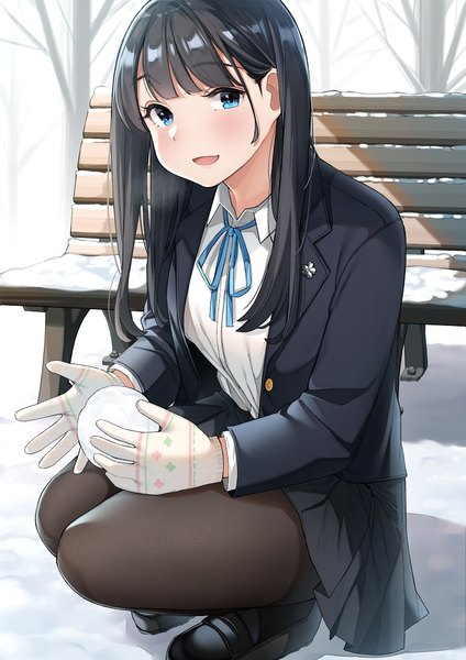 Anime picture 764x1080 with original sakura no tomoru hi e single long hair tall image looking at viewer blush fringe open mouth blue eyes black hair smile outdoors blunt bangs long sleeves :d pleated skirt open clothes winter snow
