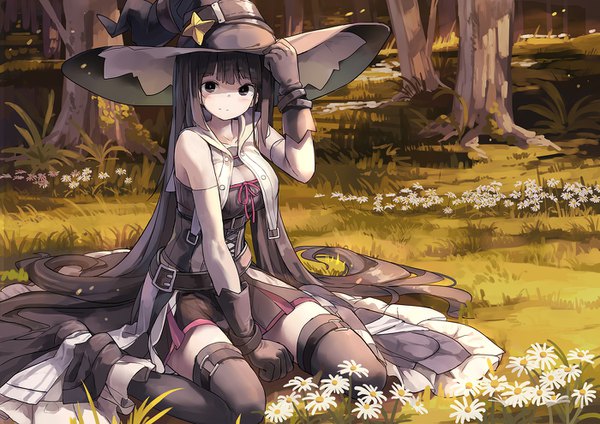 Anime picture 1400x990 with original huanxiang huifeng single looking at viewer blush fringe breasts black hair large breasts sitting bare shoulders cleavage outdoors very long hair pleated skirt black eyes sunlight wariza between legs adjusting hat