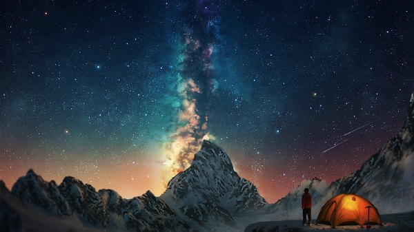 Anime picture 1200x675 with original natsu (hottopeppa3390) single short hair wide image standing from behind snow mountain scenic backlighting shooting star milky way boy star (stars) winter clothes
