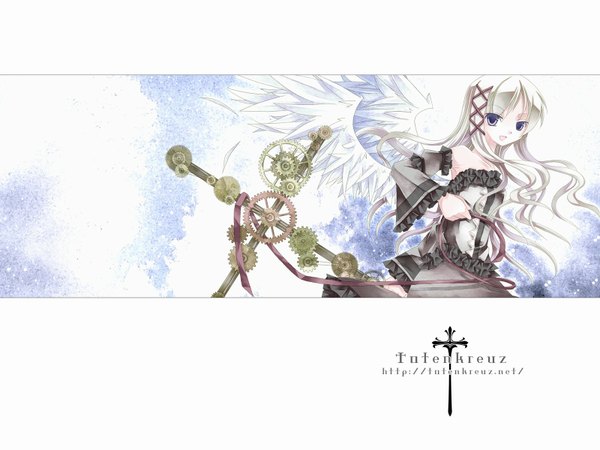 Anime picture 1600x1200 with original highres blue eyes white hair wallpaper ribbon (ribbons) wings kotyo