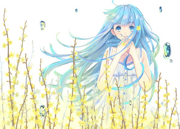 Anime picture 1190x850 with original hahahamu single long hair looking at viewer blush open mouth blue eyes smile bare shoulders blue hair nail polish hair flower girl dress hair ornament flower (flowers) white dress sundress bubble (bubbles)