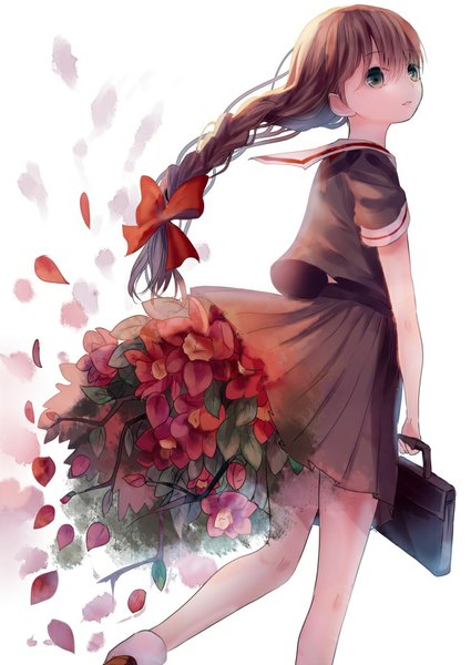 Anime picture 644x910 with original opopowa single long hair tall image fringe simple background brown hair standing white background green eyes braid (braids) pleated skirt looking back single braid girl skirt uniform flower (flowers) bow