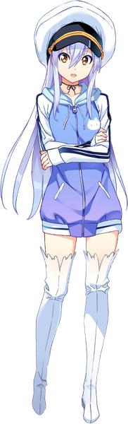 Anime picture 684x2253 with island (anime) ohara rinne kuuchuu yousai single long hair tall image fringe open mouth hair between eyes yellow eyes purple hair full body zettai ryouiki crossed arms transparent background girl boots hood thigh boots hoodie