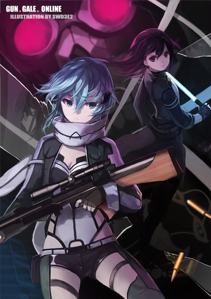 Anime picture 957x1355 with sword art online a-1 pictures kirigaya kazuto asada shino swd3e2 long hair tall image looking at viewer fringe short hair blue eyes purple eyes holding blue hair looking away cleavage purple hair reflection different reflection sniper