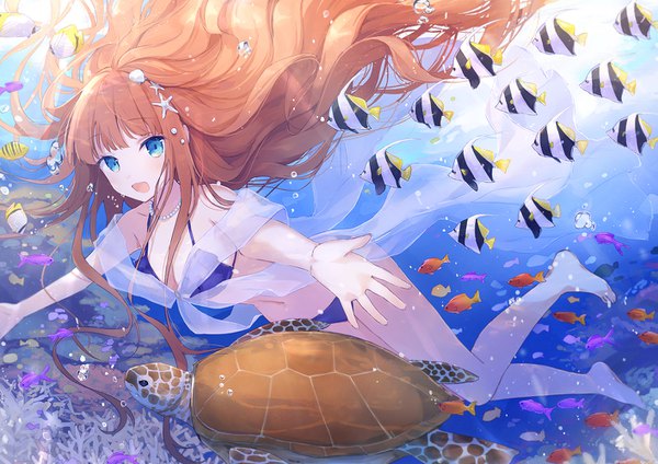 Anime picture 1413x1000 with original suzumori uina single long hair looking at viewer fringe breasts open mouth blue eyes brown hair blunt bangs floating hair spread arms underwater girl swimsuit animal bikini bubble (bubbles) fish (fishes)