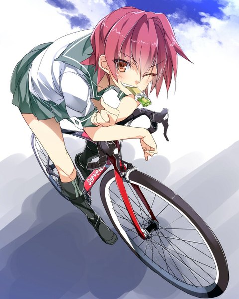 Anime picture 1024x1280 with kantai collection yowamushi pedal kinu light cruiser mtu (orewamuzituda) single tall image looking at viewer blush short hair smile red eyes pink hair pleated skirt one eye closed wink shadow leaning leaning forward eyebrows cosplay
