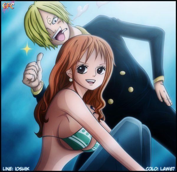 Anime-Bild 1100x1073 mit one piece toei animation nami (one piece) sanji law67 long hair fringe short hair breasts open mouth light erotic blonde hair smile brown hair large breasts brown eyes black eyes hair over one eye tattoo coloring