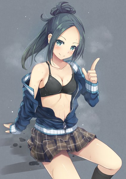 Anime picture 1342x1900 with monster strike mizusawa aoi kazumasa single long hair tall image looking at viewer blush breasts blue eyes light erotic black hair smile sitting payot cleavage ponytail arm support wet plaid skirt