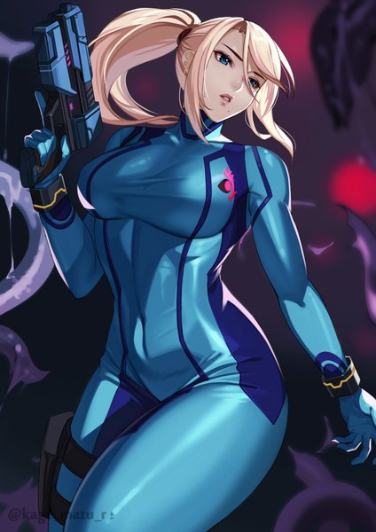 Anime picture 1736x2456 with metroid samus aran kagematsuri single long hair tall image fringe highres breasts blue eyes light erotic blonde hair hair between eyes standing holding signed payot looking away ponytail parted lips