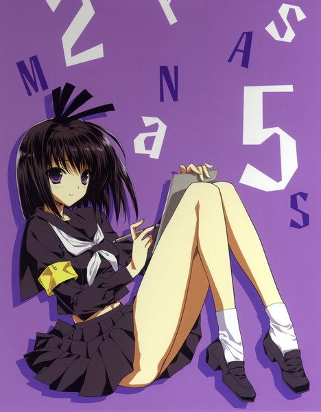 Anime picture 2655x3405 with suzuhira hiro single tall image highres short hair light erotic black hair purple eyes legs purple background girl skirt miniskirt socks serafuku shoes white socks