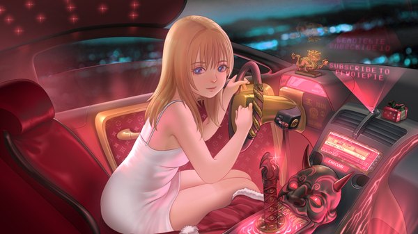 Anime picture 1920x1080 with original edith wilton mawa setiawan single long hair looking at viewer fringe highres blue eyes blonde hair wide image sitting bare shoulders light smile lips sleeveless text reflection english meme
