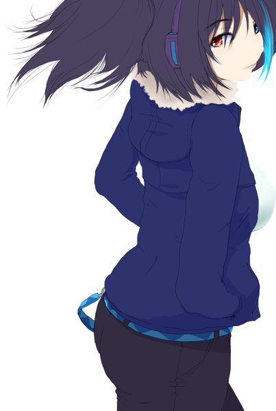Anime picture 1450x2160 with utau yokune ruko ababa2 single tall image short hair blue eyes black hair simple background red eyes white background twintails blue hair looking back multicolored hair from behind two-tone hair streaked hair heterochromia hands in pockets