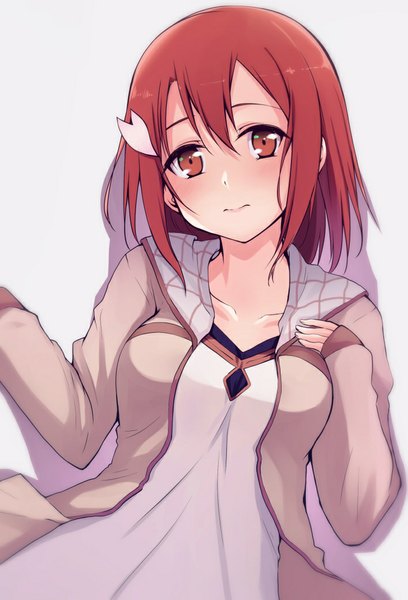 Anime picture 707x1040 with yuusha de aru yuuki yuuna wa yuusha de aru yuuki yuuna nanotsuki single tall image looking at viewer blush short hair simple background red eyes red hair long sleeves grey background sleeves past wrists hair down girl hair ornament hairclip
