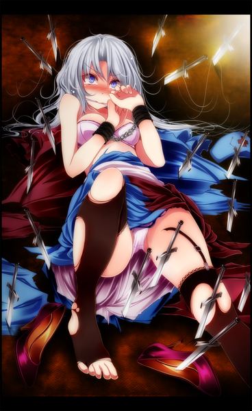 Anime picture 1536x2500 with touhou yagokoro eirin s-syogo single long hair tall image blush blue eyes light erotic silver hair torn clothes girl thighhighs underwear panties lingerie bra knife torn thighhighs shackles