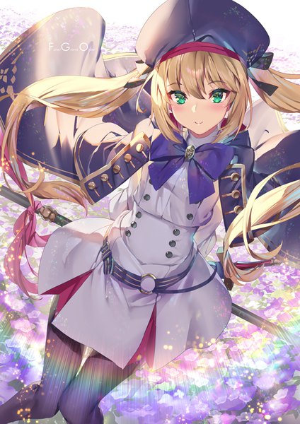 Anime picture 566x800 with fate (series) fate/grand order artoria pendragon (all) artoria caster (fate) yoshimoto (dear life) single long hair tall image looking at viewer blush fringe blonde hair smile hair between eyes twintails green eyes copyright name girl hat pantyhose
