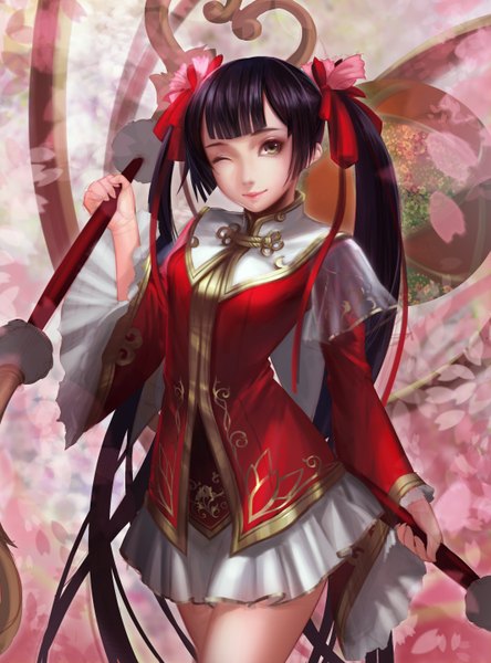 Anime picture 2132x2875 with shin sangoku musou da qiao samanta single tall image looking at viewer highres black hair very long hair one eye closed light smile wink grey eyes girl dress ribbon (ribbons) weapon hair ribbon wand