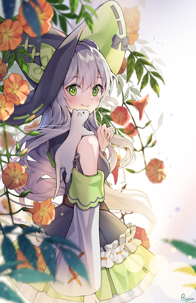Anime picture 1000x1544 with original posom single long hair tall image looking at viewer blush fringe smile hair between eyes green eyes silver hair turning head animal on shoulder girl flower (flowers) hat detached sleeves animal witch hat