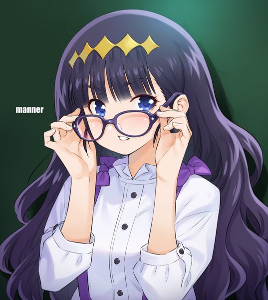 Anime-Bild 1343x1500 mit precure delicious party precure toei animation kasai amane kazuma muramasa single long hair tall image looking at viewer fringe blue eyes black hair simple background upper body blunt bangs parted lips inscription wavy hair green background adjusting glasses